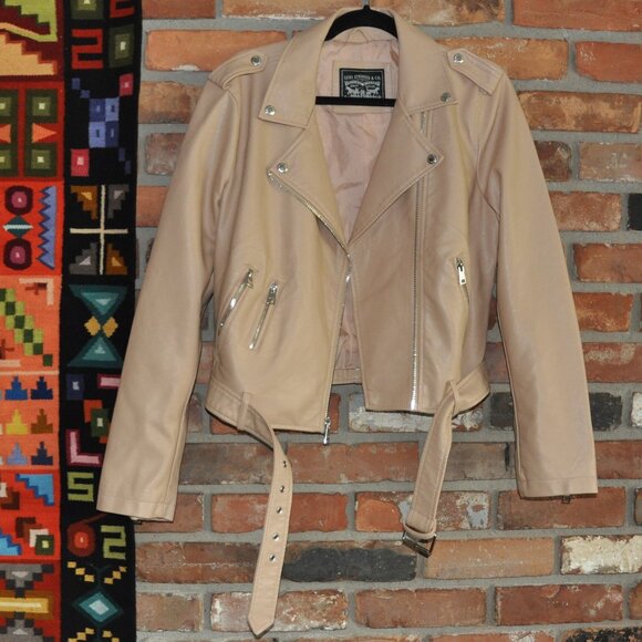 Levi's Red Tab Faux Leather Belted Motorcycle Moto Jacket Biscotti L - Picture 10 of 13